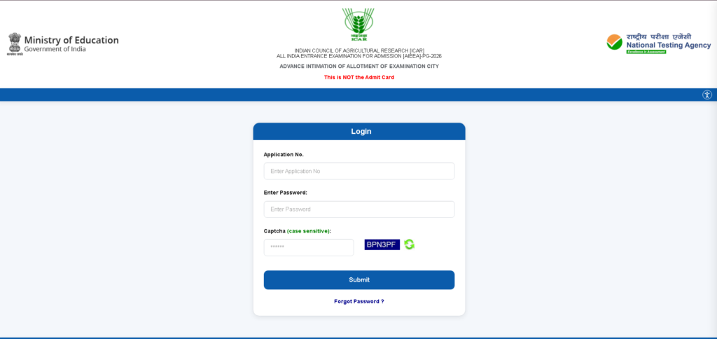 NTA ICAR AIEEA PG & Ph.D Exam City Slip 2026
