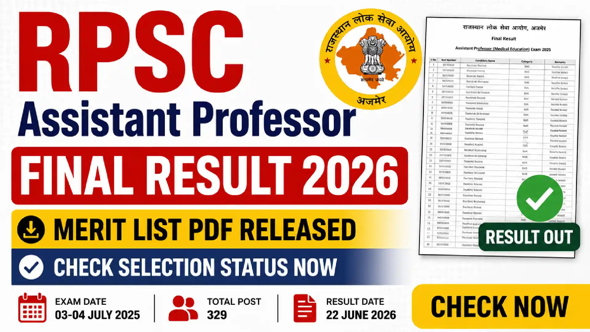 RPSC Assistant Professor Final Result 2026
