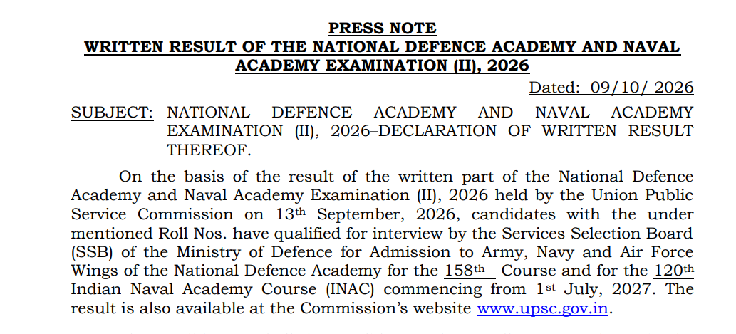 UPSC NDA & NA II Result 2026 Declared at upsc.gov.in; Check Direct ...
