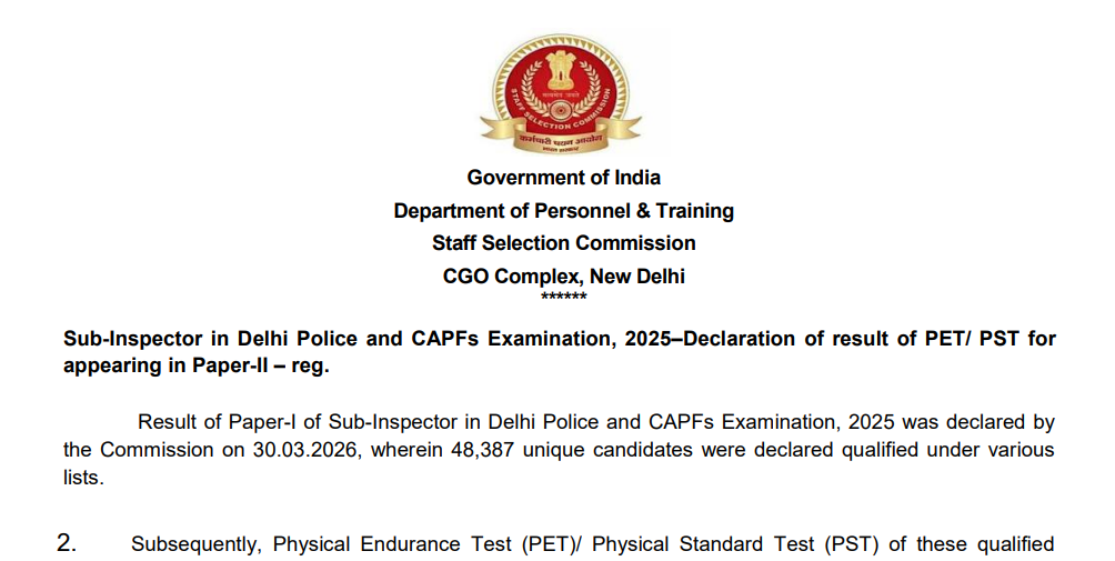 SSC CPO SI PET/PST Result cut-off check 2026