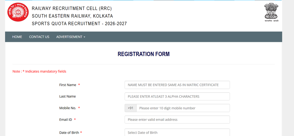 RRC SER Sports Quota Recruitment registration process 2026